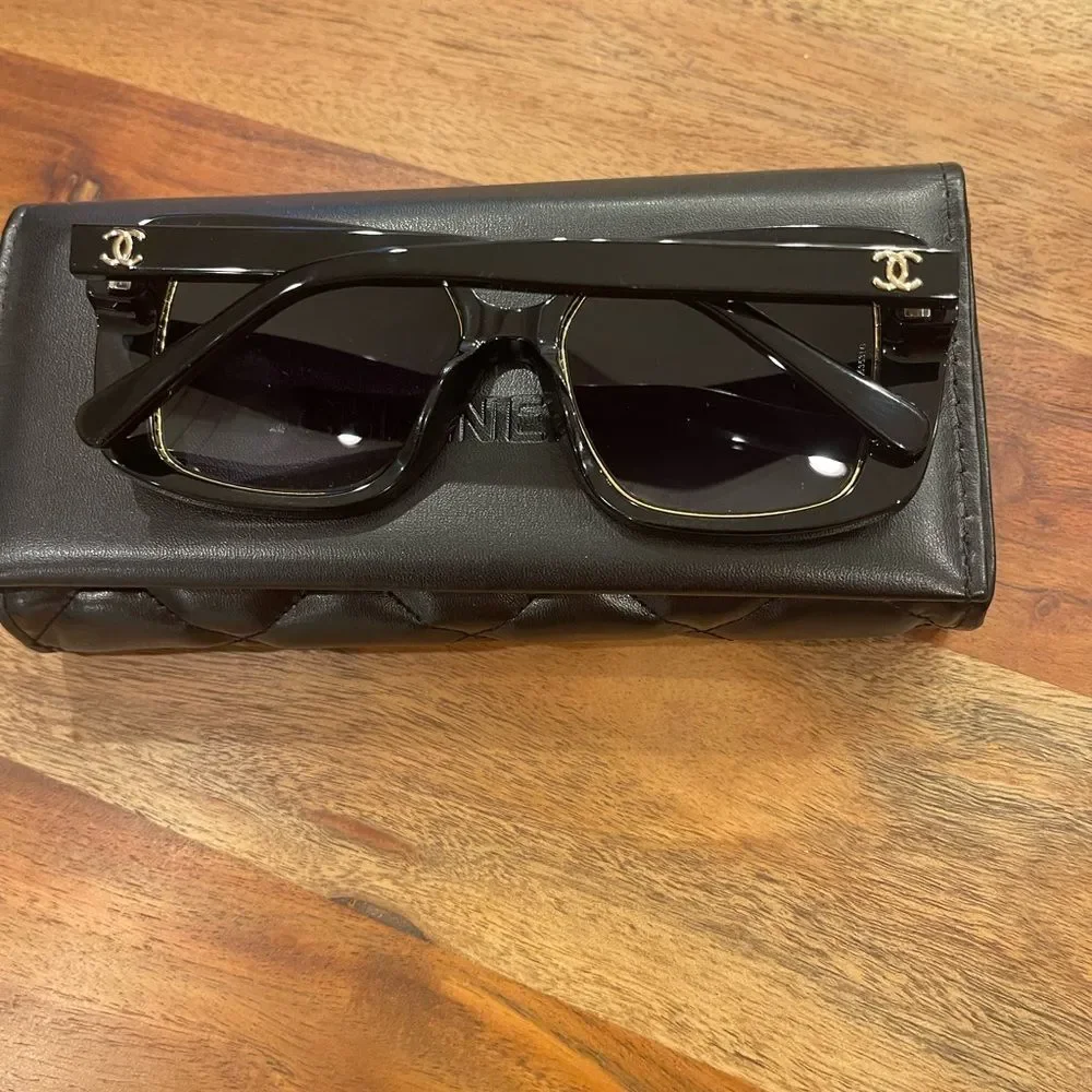 CHANEL Black and Gold Square Sunglasses New